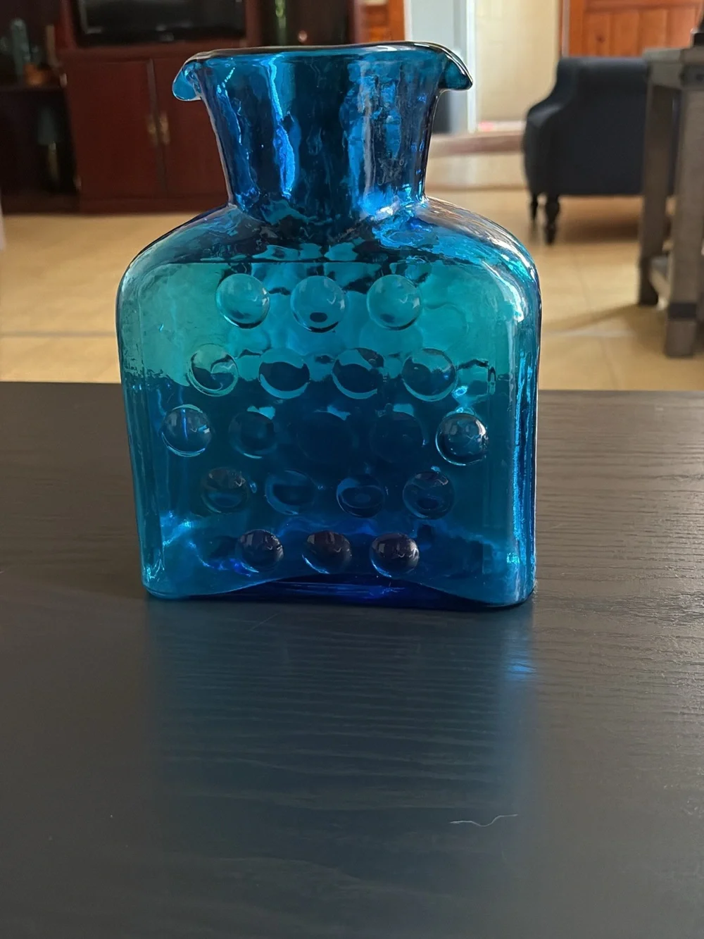 Blenko Midnight Blue Double Spout Water Pitcher 384 Optic Dots MCM Art Glass